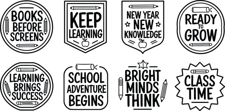 Collection of eight educational emblems with positive learning phrases and pencil illustrations