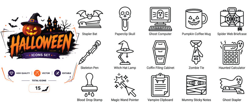 Set of 15 outline icons related to Halloween, office - collection of stapler, paperclip, computer, mug, briefcase, pen, lamp, filing cabinet, tie, calculator vector elements