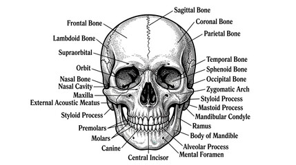 Human Skull Anatomy Diagram with Labeled Bones © Maesa