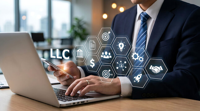 Businessman using laptop and smartphone with virtual LLC company icons