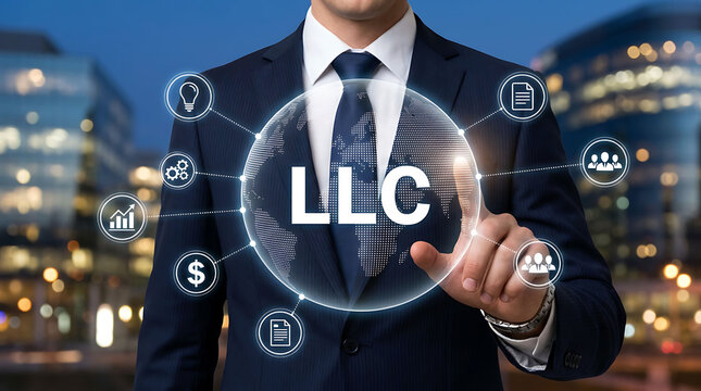 Businessman pointing at global LLC limited liability company virtual network