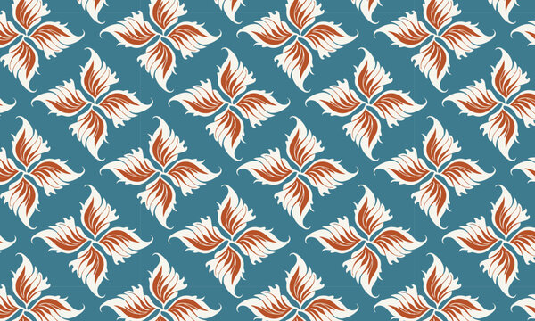 Indonesian Batik Inspired Floral Leaf Seamless Pattern in Teal Terracotta and Cream