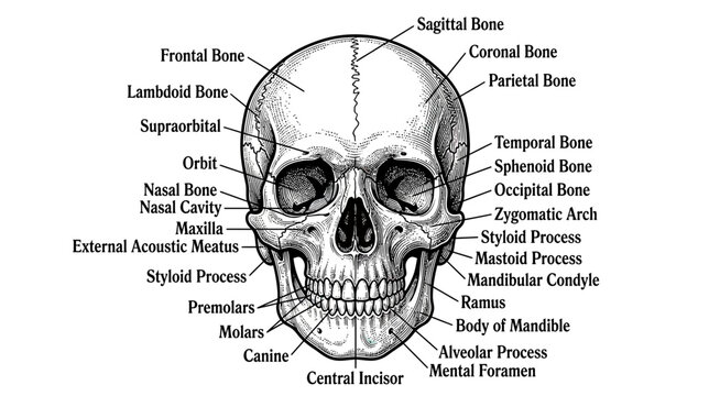 Human Skull Anatomy Diagram with Labeled Bones
