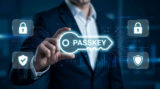 Businessman touching virtual passkey option with digital network security concept