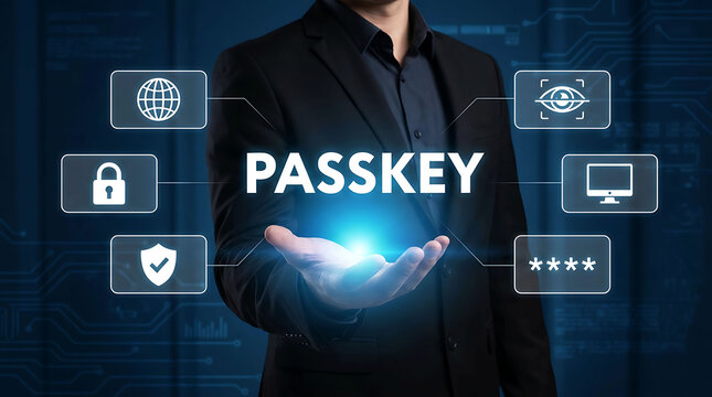 Businessman holding virtual passkey option with data cybersecurity network concept