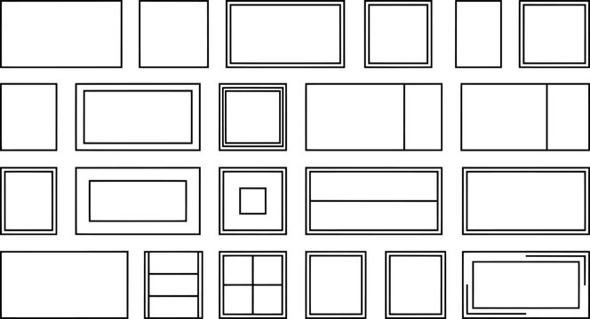 Set of simple geometric frames and borders for design, minimalist rectangular and square shapes, vector collection transparent background