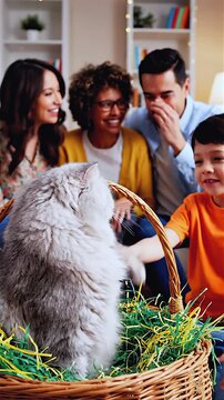 Playful family with cat in basket, child reaching to pet fluffy persian cat while adults laugh in cozy living room, colorful decorative grass in basket, warm natural light, joyful atmosphere