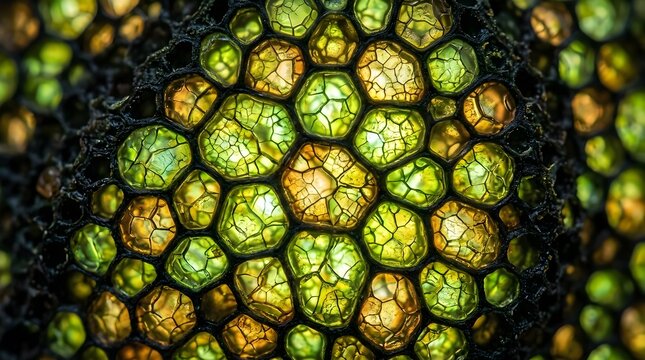 Macro photography of pallasite meteorite showing translucent olivine crystals embedded in a dark ironnickel metal matrix