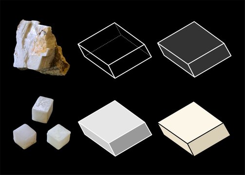 Calcite Rhombohedral Cleavage Specimens and Rhombohedron Geometry Set, Natural White Carbonate Minerals with 3D Mathematical Diagrams and Line Icons on Black Background