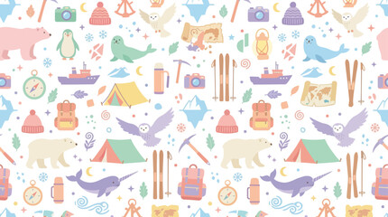 Cute Arctic and Winter Adventure Seamless Pattern with Animals and Gear © kalimawafina