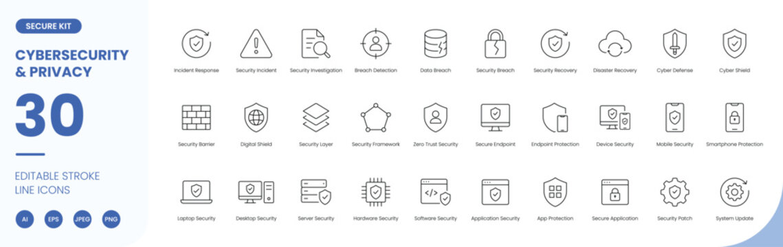 cybersecurity privacy icon line style shield protection editable stroke vector set
