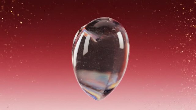 Transparent heart-shaped object transitions to a teardrop shape and back to a heart, set against a shimmering red background with sparkling particles