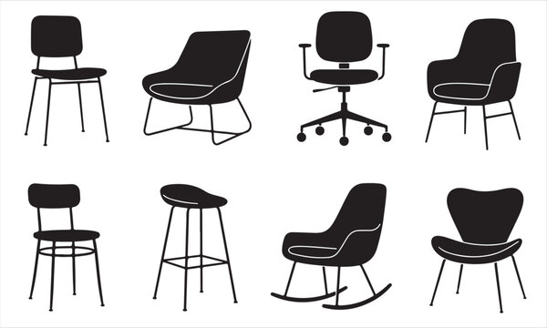 Minimal chair and seating furniture icon collection featuring dining chairs, office chairs, lounge chairs, armchairs, bar stools and rocking chairs in black flat vector style isolated on white backgro