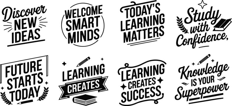 Educational motivational quotes vector set, black typography learning badges, 8 school inspiration labels for students and teachers isolated PNG with Transparent Background