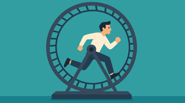 Businessman running inside a giant hamster wheel, vivid vector metaphor for burnout, routine, workplace pressure, endless effort, career stagnation, productivity trap and going nowhere