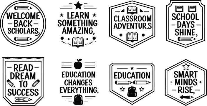 Vintage school badges and education labels set, 8 black and white academic vector emblems, classroom motivational quotes for students isolated PNG with Transparent Background