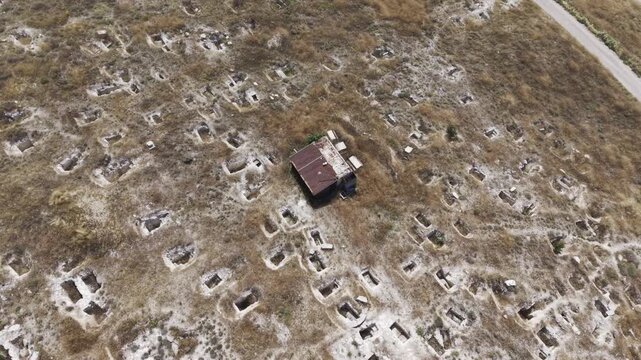 Drone Footage of Juliopolis Necropolis in Cayirhan Nallihan Ankara Turkey Showing Roman Byzantine Tombs and Archaeological Terrain