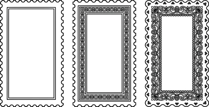 Set of three rectangular postage stamp style frames with decorative borders isolated on white background transparent background