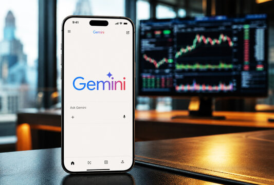 Google Gemini (Alphabet Inc) Artificial Intelligence (AI) Company Financial Candlestick Charts, Corporate Logo, London, UK - July 2026