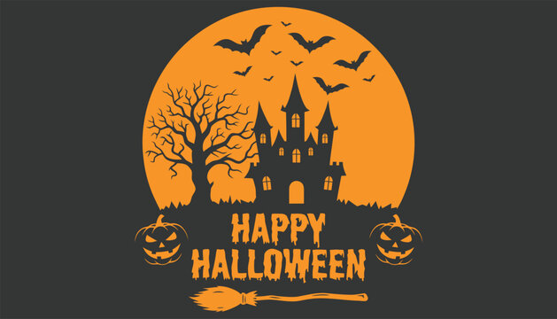 Halloween themed illustration with haunted house and spooky elements on dark background