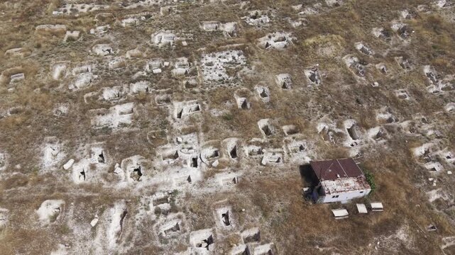 Drone Footage of Juliopolis Necropolis in Cayirhan Nallihan Ankara Turkey Showing Roman Byzantine Tombs and Archaeological Terrain