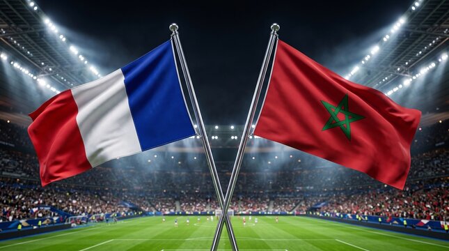 Conceptual football match banner featuring French and Moroccan national flags