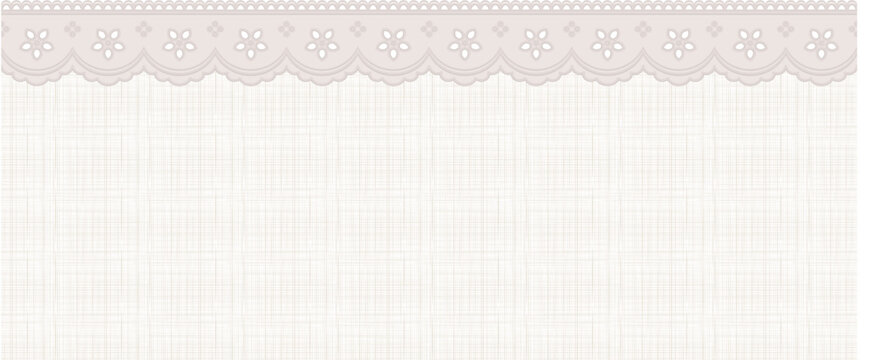 Pastel linen fabric background with eyelet lace border vector. Elegant cottagecore scalloped horizontal top trim on textile texture for coquette design.