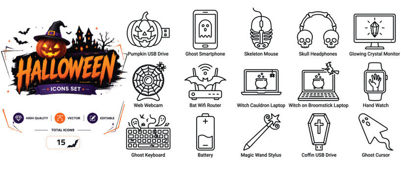 Set of 15 outline icons related to Halloween, technology - collection of pumpkin usb, ghost phone, skeleton mouse, skull headphones, crystal monitor, web vector elements