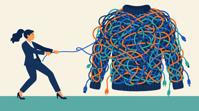 Determined businesswoman pulling a single thread to unravel a giant sweater tangled with colorful cables and plugs, vector metaphor for solving complexity, workflow chaos, and tech debt