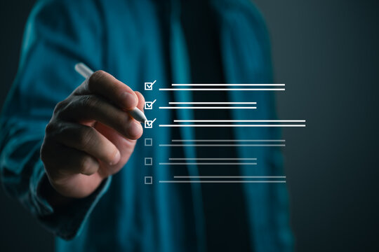 Online survey and digital questionnaire concept, business professional completing a virtual checklist, assessment, customer feedback, evaluation, data collection, compliance and workflow management.