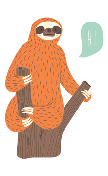 Cute cartoon sloth sitting on a tree branch saying Hi vector illustration