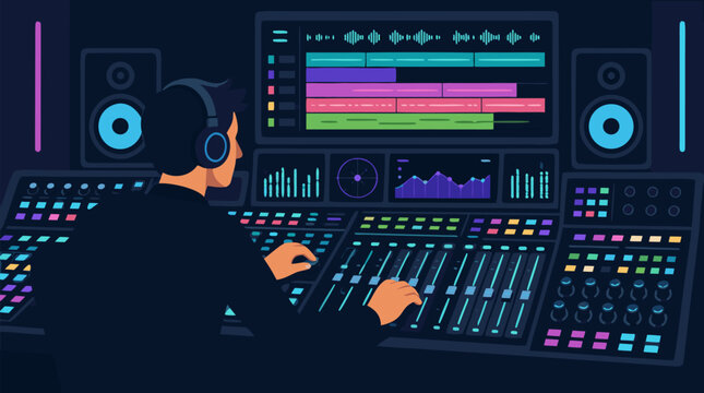 Professional sound engineer wearing headphones operates glowing futuristic mixing console with colorful waveform displays, equalizer panels, and illuminated faders in dark recording studio, vector