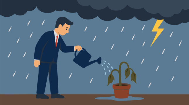 Worried businessman in suit waters wilting dying plant with watering can during thunderstorm, dark storm clouds and lightning above, futile effort concept, vector illustration for business failure