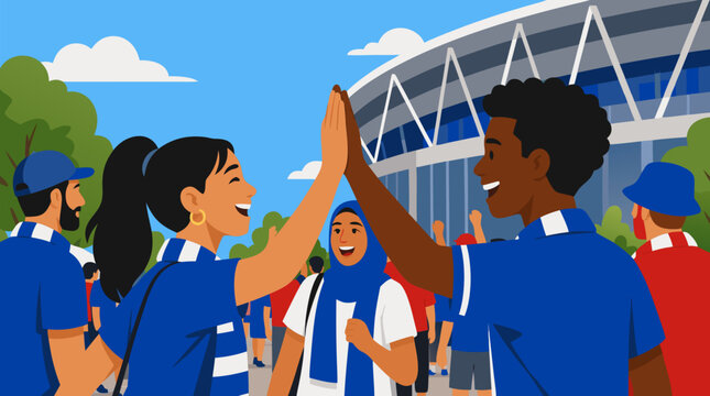 Excited diverse football fans high fiving outside a modern stadium before the big match, wearing blue scarves and jerseys, joyful pregame celebration and community spirit vector illustration