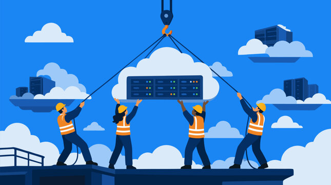 Cloud infrastructure engineers in hard hats hoist a massive server rack into a bright floating data sky, symbolizing scalable hosting, migration, teamwork, DevOps and modern cloud construction