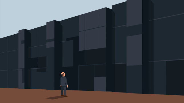 Tiny businessman dwarfed before an enormous dark wall obstacle, dramatic corporate challenge vector illustrating fear, ambition, strategy, resilience and career adversity concept scene