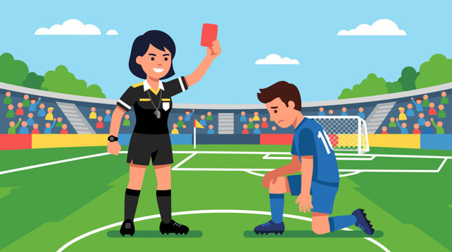 Female soccer referee raising red card as disappointed player kneels on stadium field, bold vector illustration of penalty, foul, discipline, competition, rules and match drama moment