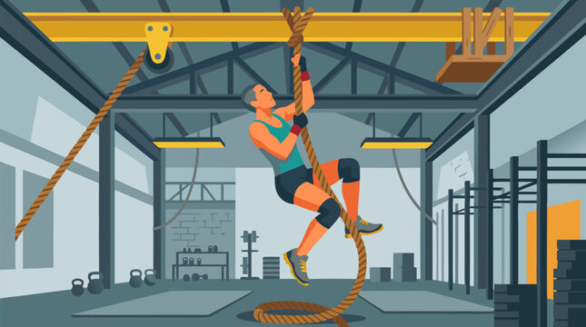 Dynamic vector illustration of a determined functional fitness athlete climbing a thick rope toward an industrial gym ceiling, showcasing strength, endurance, training focus, and peak workout energy