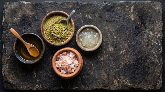 Overhead flat lay of Yemeni henna and herbal beauty ingredients on blackened stone