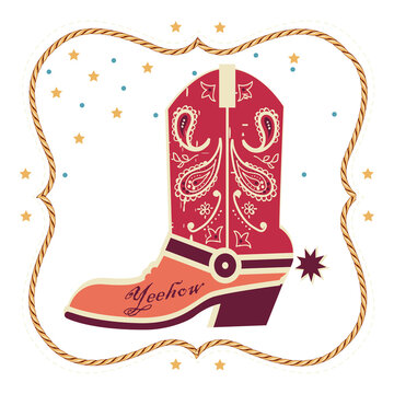 Vintage cowboy boot vector illustration with paisley ornament and rope frame
