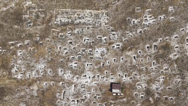 Drone Footage of Juliopolis Necropolis in Cayirhan Nallihan Ankara Turkey Showing Roman Byzantine Tombs and Archaeological Terrain