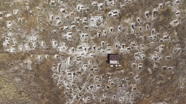 Drone Footage of Juliopolis Necropolis in Cayirhan Nallihan Ankara Turkey Showing Roman Byzantine Tombs and Archaeological Terrain