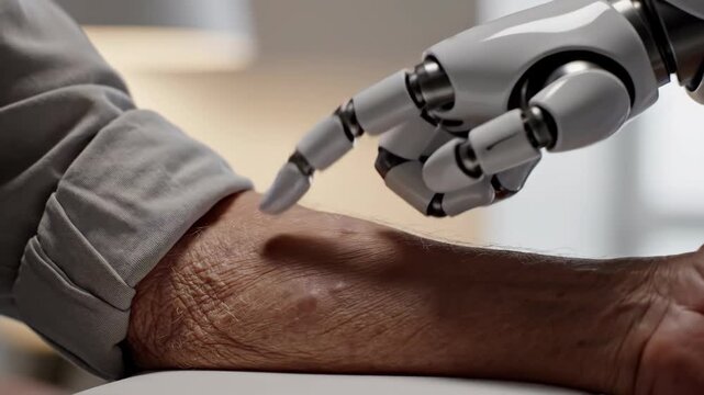 Robotic hand gently touches the skin of a human arm, showcasing advanced technology in a modern indoor setting with soft lighting and neutral colors