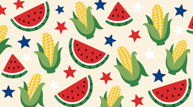 Festive summer picnic seamless pattern with juicy watermelon slices, golden corn cobs and red white blue stars, cheerful patriotic food repeat for party fabric, wrapping paper and holiday decor prints