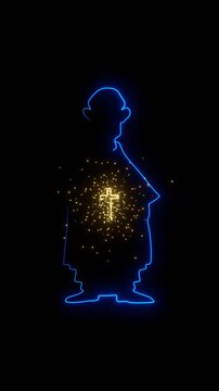Catholic priest character. Christian religion concept design. Neon glowing.