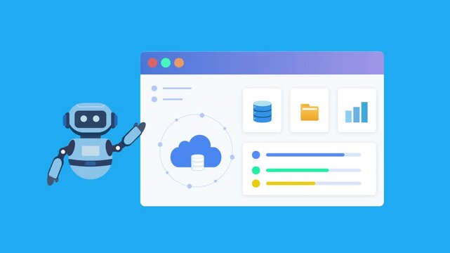 Flat vector illustration of a robot assistant beside a cloud storage dashboard with folders, files, charts, and interface elements, representing cloud management, automation, and digital technology.