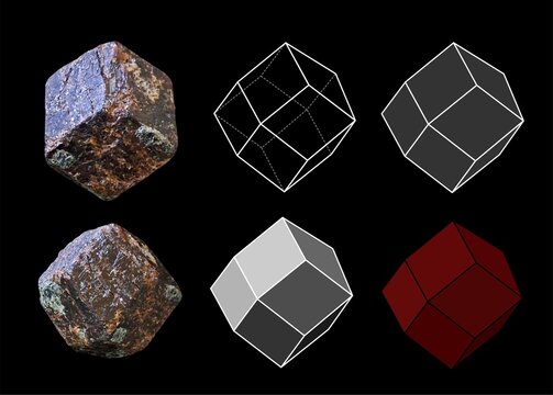 Garnet Almandine Crystal Habit and Rhombic Dodecahedron Geometry Set, Natural Red Brown Mineral Specimens with 12-sided Polyhedron 3D Diagrams and Icons on Black Background