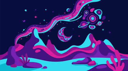 Colorful sci-fi alien landscape with planets and nebula. © johanes