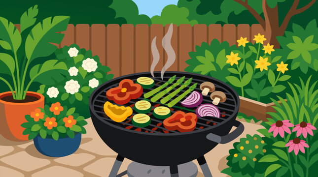 Colorful backyard barbecue grill sizzling with fresh vegetables in a lush garden, inviting vector illustration of summer cookout, healthy plant based food, flowers and outdoor leisure