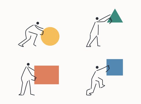 Minimal line character set featuring diverse people pushing and pulling geometric shapes illustration.